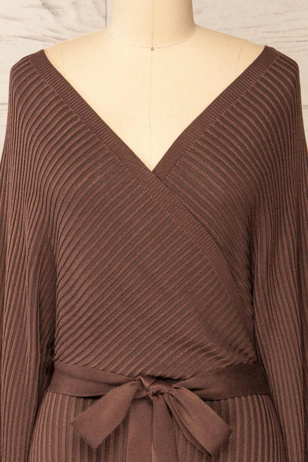 Bergame Chocolate Knitted Wrap Dress | La petite garçonne front close-up
