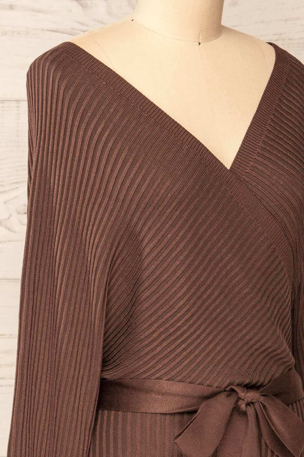 Bergame Chocolate Knitted Wrap Dress | La petite garçonne side close-up