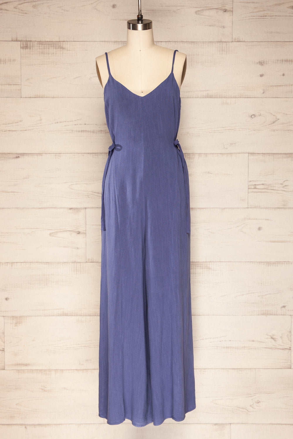 Bettle Blue Linen Wide Leg V-Neck Jumpsuit | La petite garçonne front view