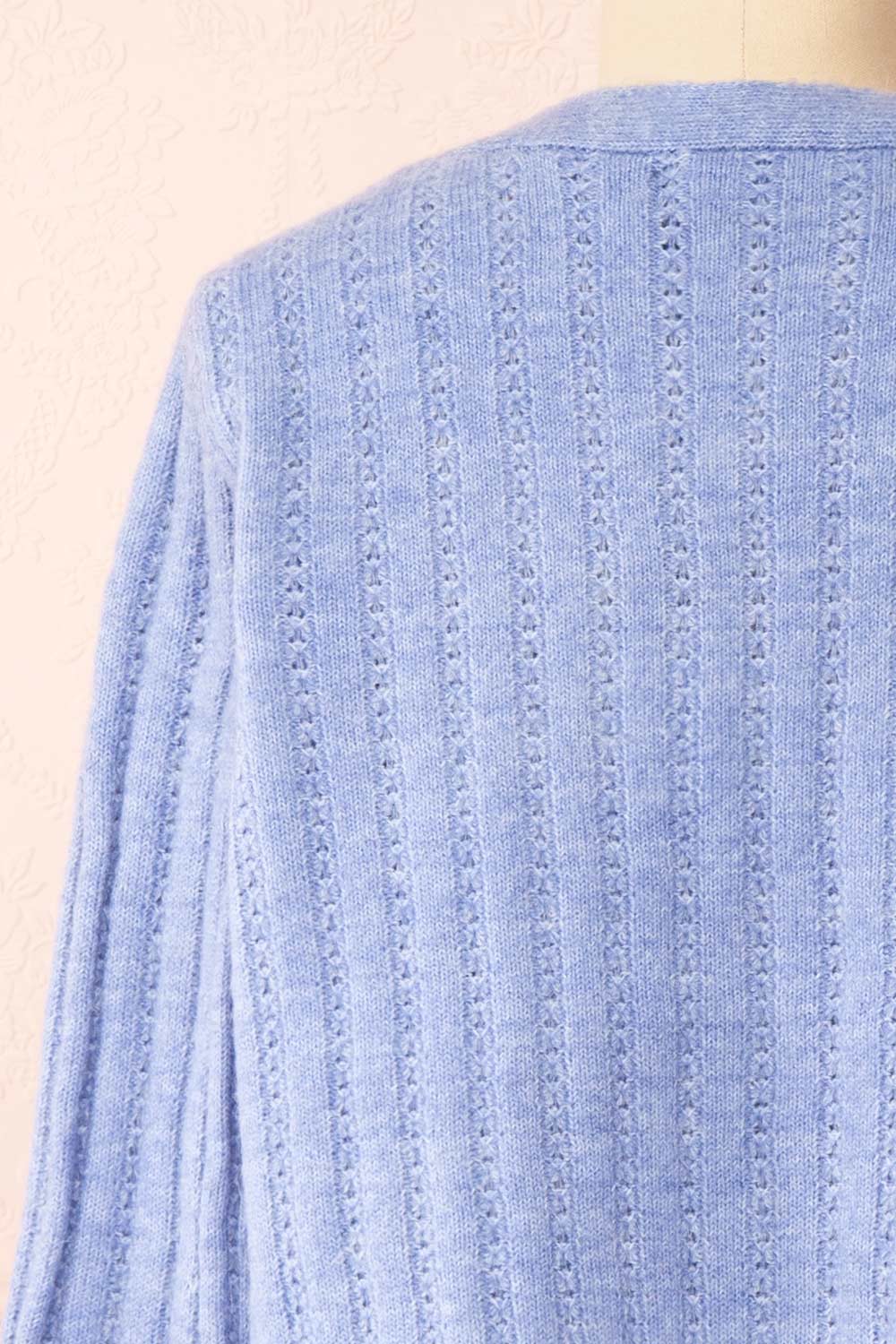 Bezie Blue Knit Open-Front Cardigan | Boutique 1861  back close-up