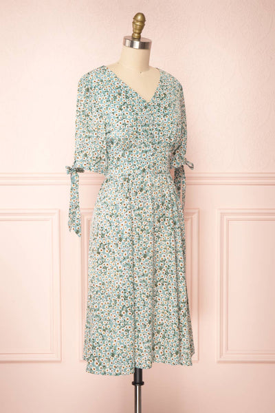 Bezia Blue Floral Short Sleeve Midi Dress | Boutique 1861 side view