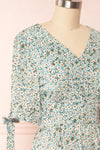 Bezia Blue Floral Short Sleeve Midi Dress | Boutique 1861 side close up