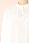 Bijal Long Sleeve White Blouse w/ Open-Work Lace | Boutique 1861 front close-up
