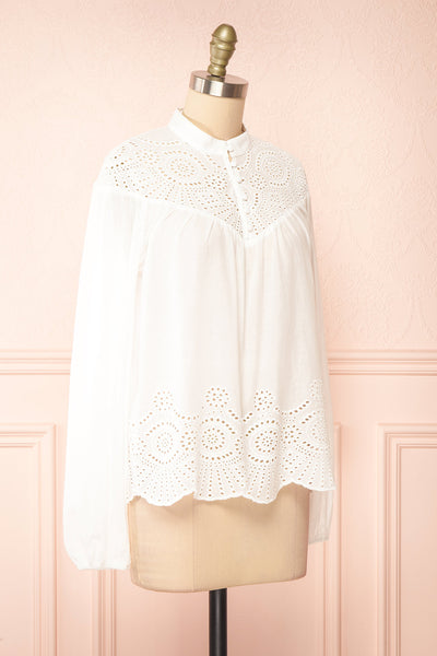Bijal Long Sleeve White Blouse w/ Open-Work Lace | Boutique 1861 side view
