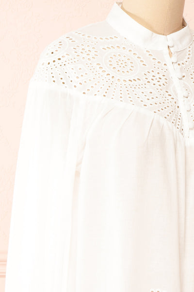 Bijal Long Sleeve White Blouse w/ Open-Work Lace | Boutique 1861 side close-up