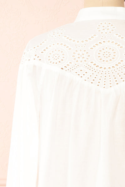 Bijal Long Sleeve White Blouse w/ Open-Work Lace | Boutique 1861 back close-up