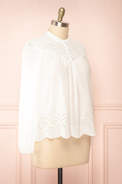 Bijal Long Sleeve White Blouse w/ Open-Work Lace | Boutique 1861 side plus size
