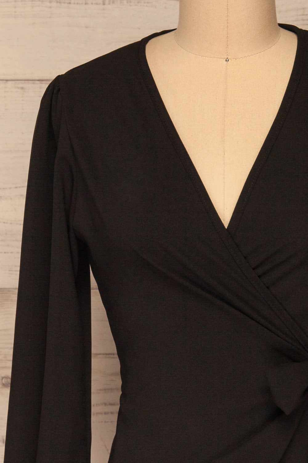 Billie Black Long Sleeve Wrap Dress | La petite garçonne front close-up