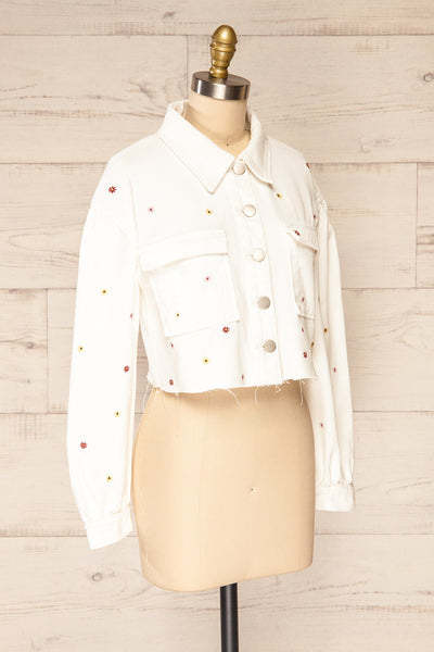 Bingley White Cropped Floral Embroidered Jacket | La petite garçonne side view