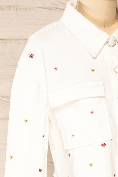 Bingley White Cropped Floral Embroidered Jacket | La petite garçonne side close-up