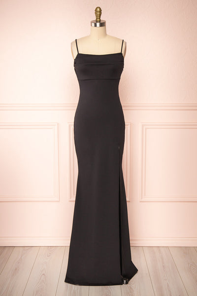 Birna Black Cowl Neck Maxi Dress w/ Slit | Boutique 1861 front view