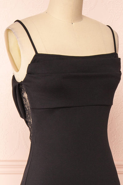 Birna Black Cowl Neck Maxi Dress w/ Slit | Boutique 1861 side close-up