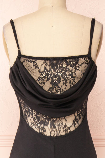 Birna Black Cowl Neck Maxi Dress w/ Slit | Boutique 1861 back close-up