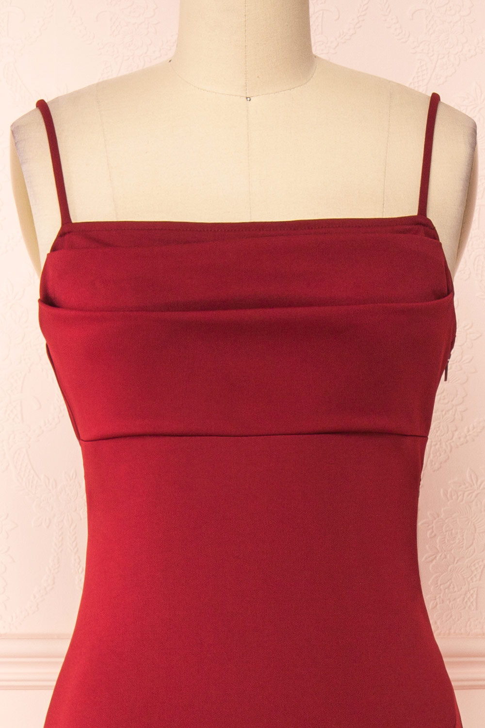 Birna Burdundy Cowl Neck Maxi Dress w/ Slit | Boutique 1861 front close-up