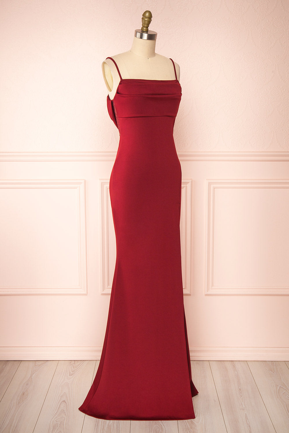 Birna Burdundy Cowl Neck Maxi Dress w/ Slit | Boutique 1861 side view