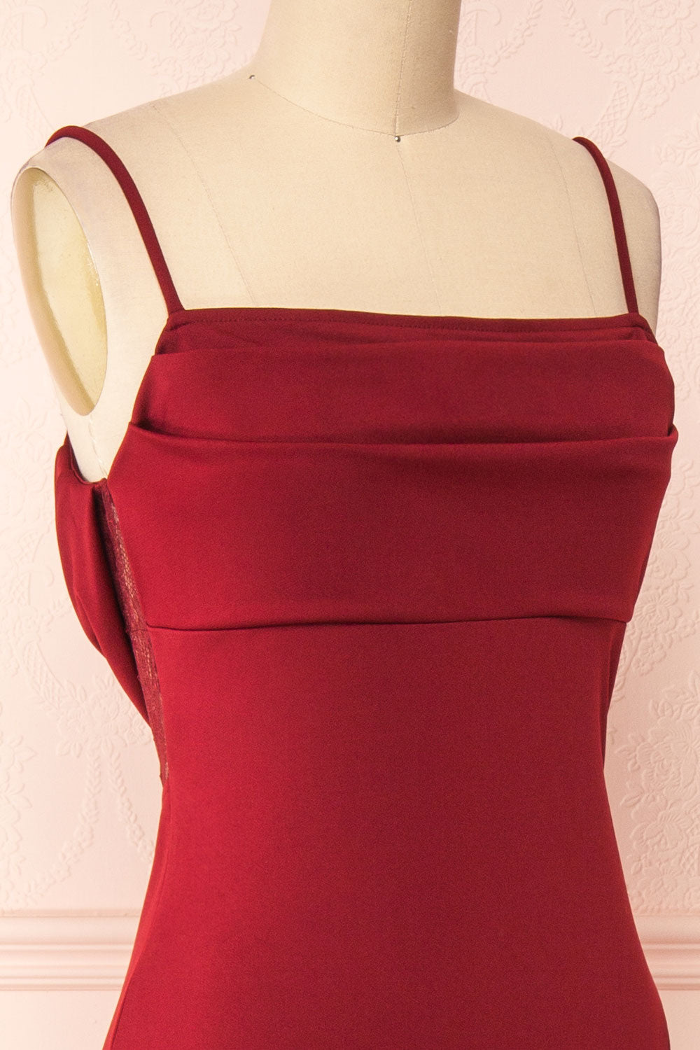 Birna Burdundy Cowl Neck Maxi Dress w/ Slit | Boutique 1861 side close-up