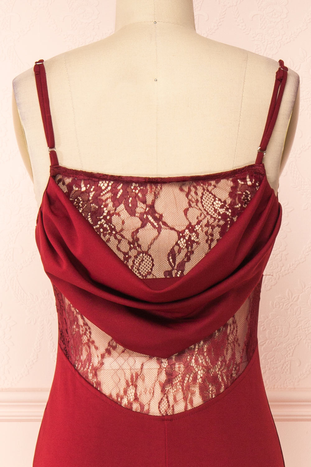 Birna Burdundy Cowl Neck Maxi Dress w/ Slit | Boutique 1861 back close-up