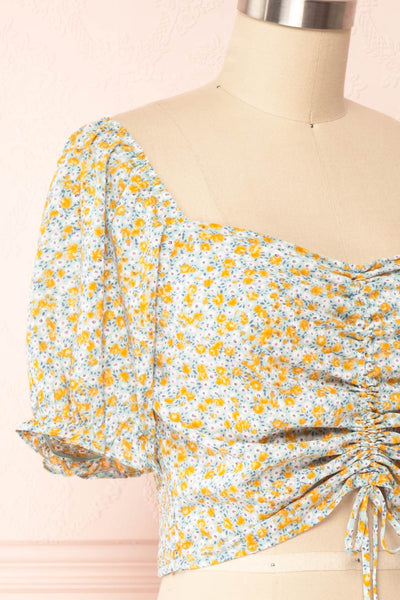 Bisha Green Floral Puffy Sleeve Crop Top | Boutique 1861 side close up