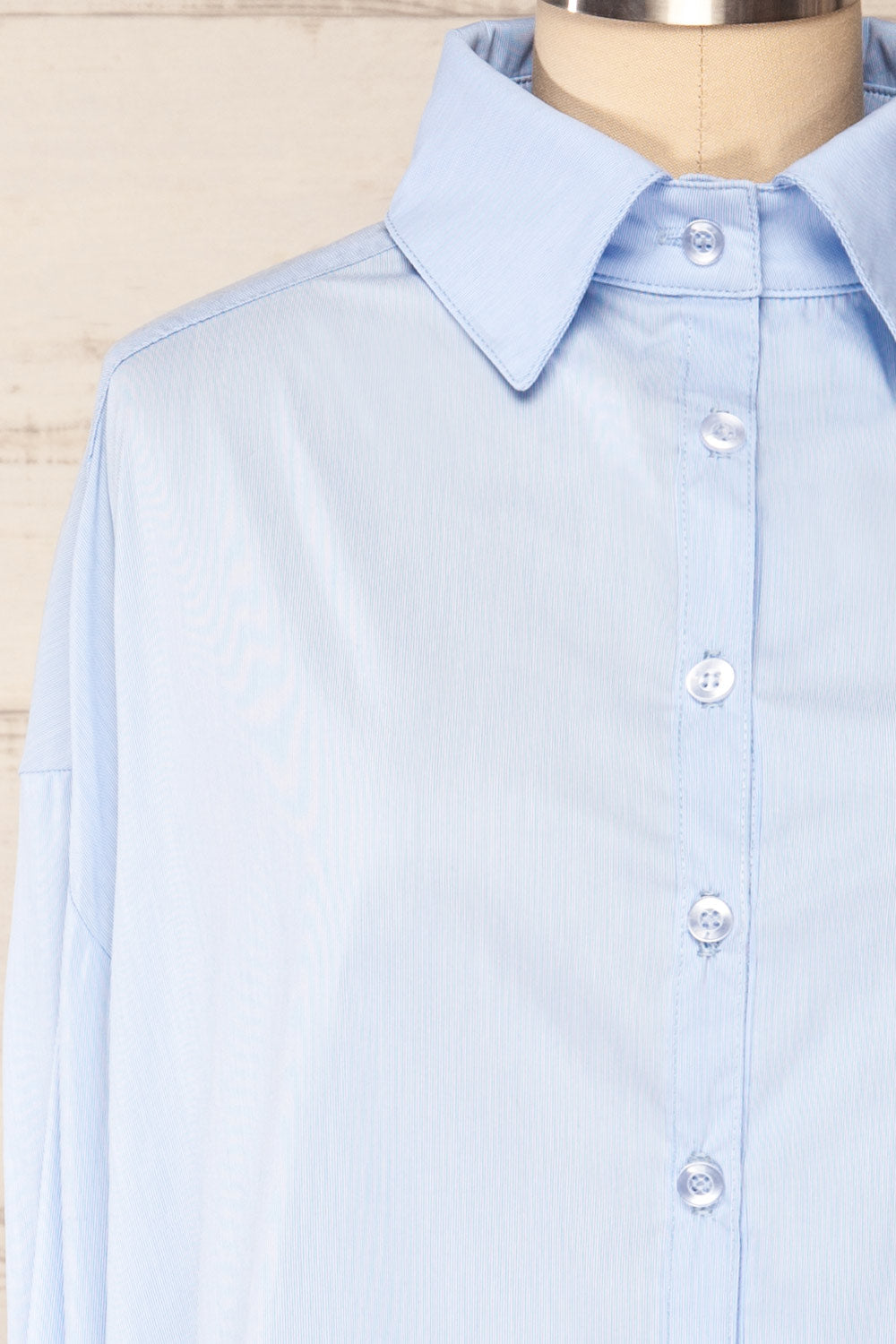 Blairr Blue Oversized Long Sleeve Button-Up Shirt | La petite garçonne front close-up