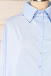 Blairr Blue Oversized Long Sleeve Button-Up Shirt | La petite garçonne front close-up