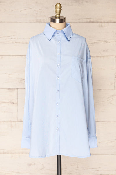 Blairr Blue Oversized Long Sleeve Button-Up Shirt | La petite garçonne front view