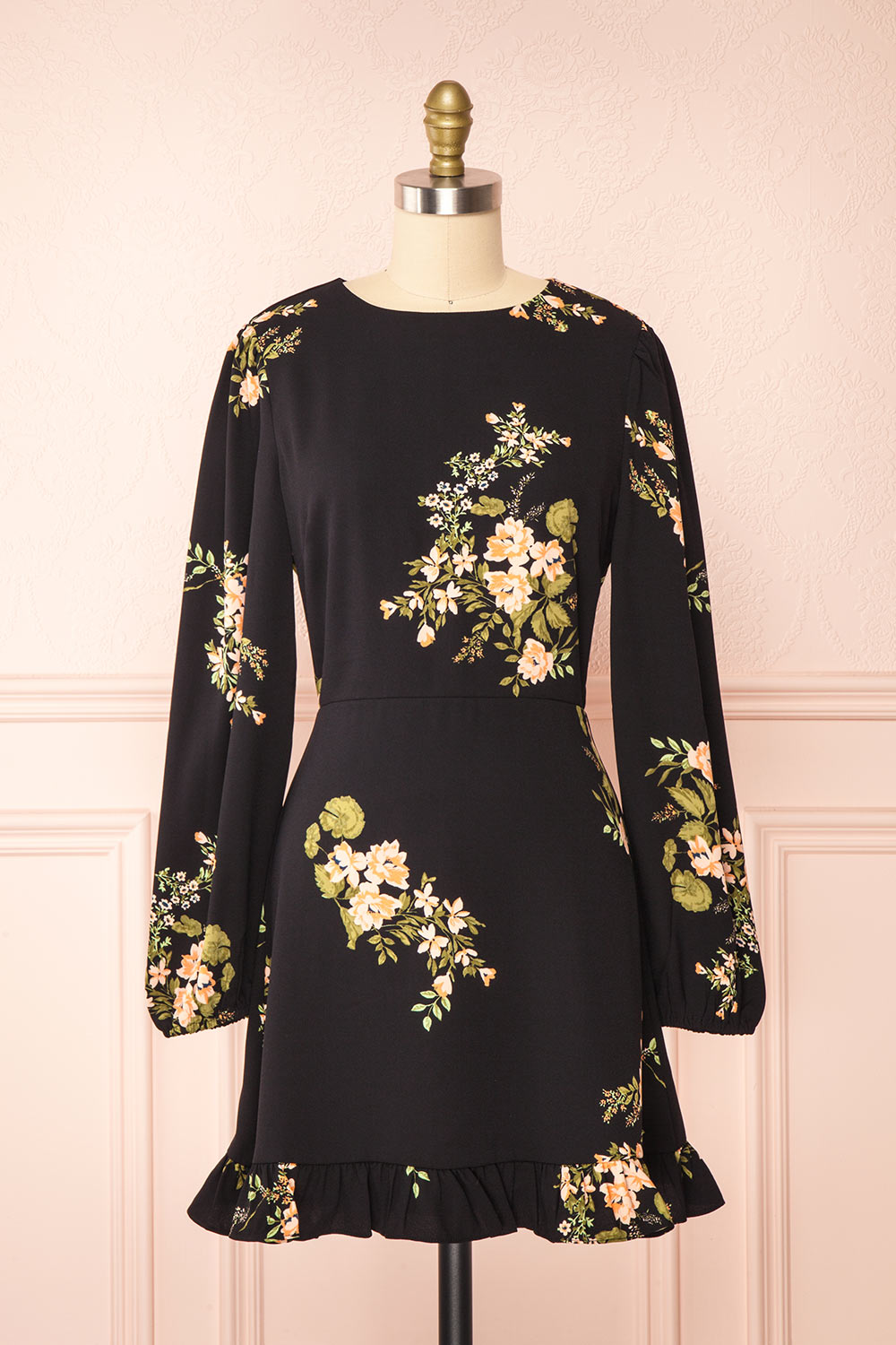 Blomey Black Short Floral Dress w/ Long Sleeves | Boutique 1861 front view