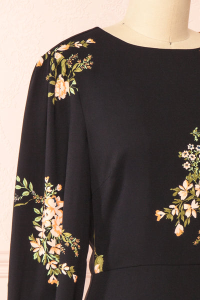 Blomey Black Short Floral Dress w/ Long Sleeves | Boutique 1861 side close-up