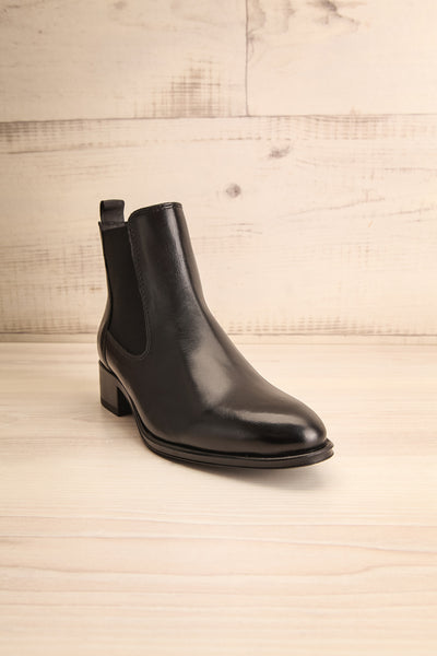 Bobby Black Leather Heeled Ankle Boots front view | La Petite Garçonne