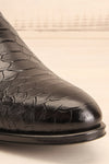 Bobby Snake Black Snakeskin Heeled Ankle Boots front close-up | La Petite Garçonne