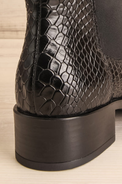 Bobby Snake Black Snakeskin Heeled Ankle Boots back close-up | La Petite Garçonne