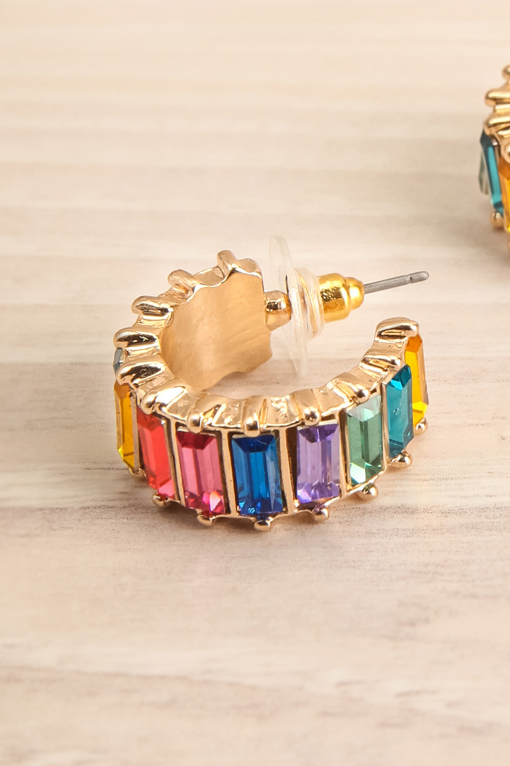 Boleslawiec Rainbow Crysal & Gold Hoop Earrings close-up | La Petite Garçonne
