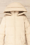 Borough Beige Puffer Coat w/ Front Pockets | La petit garçonne front hood close-up