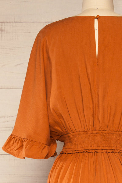 Botosani Orange Short Sleeve V-Neck Jumpsuit | La petite garçonne  back close-up