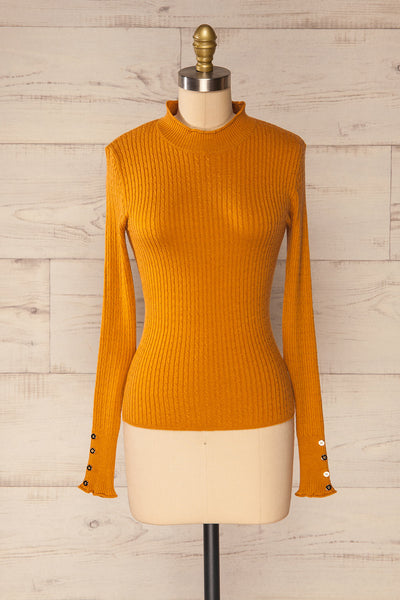 Braga Yellow Ribbed Fitted Mock Neck Top | La petite garçonne front view