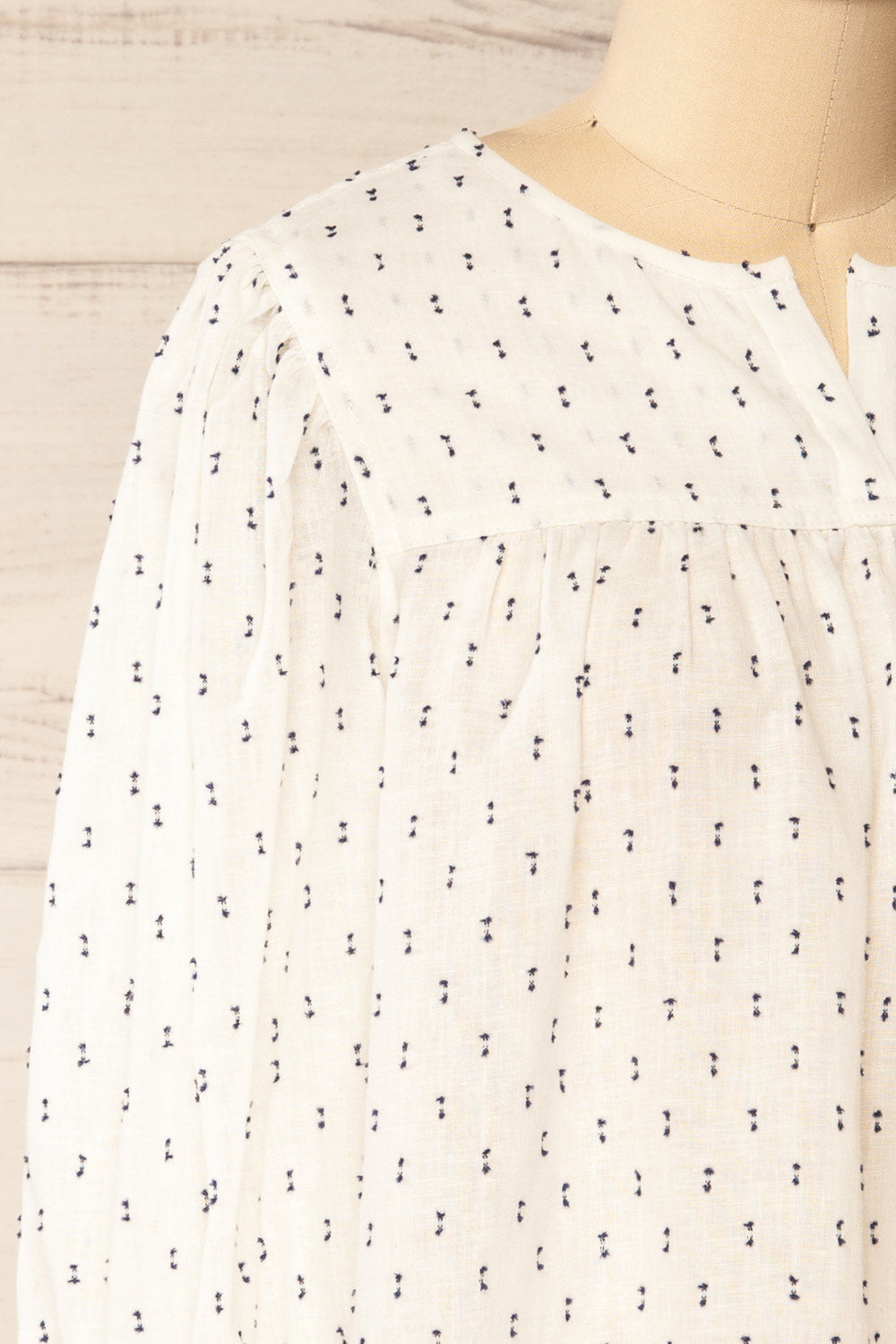 Brampton White 3/4 Sleeve Blouse w/ Embroidery | La petite garçonne side close-up