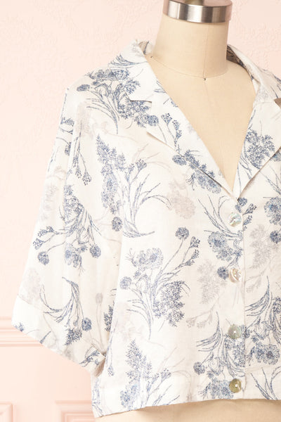 Bredig Blue Short Sleeve Floral Cropped Blouse | Boutique 1861 side close up