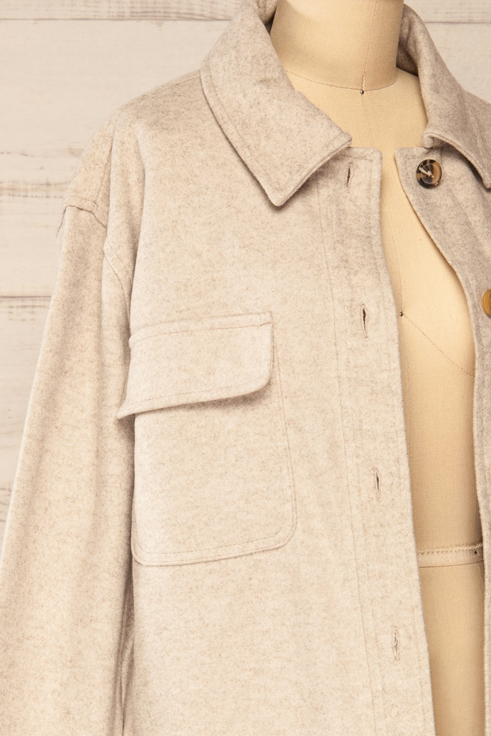 Brighton Oversized Grey Beige Felt Shacket | La petite garçonne side close-up