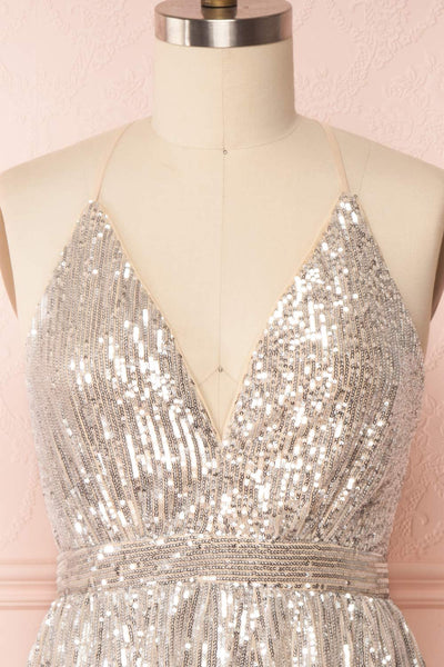 Brigitte Silver Plus Size Party Dress | Robe | Boutique 1861 front close-up