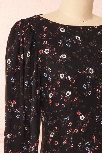 Briseida Black Floral Long Sleeve Dress | La petite garçonne side close-up