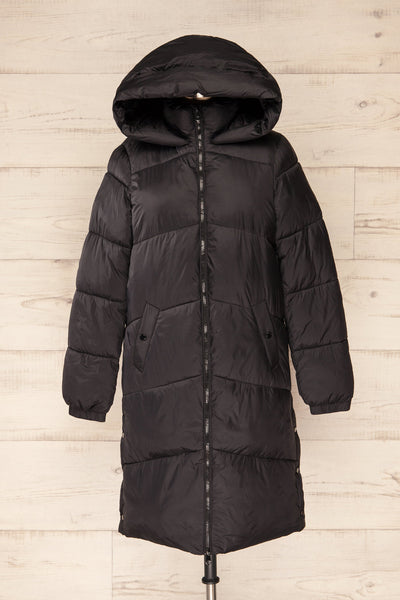 Brisson Black Hooded Puffer Coat w/ Front Pockets | La petite garçonne front view hood