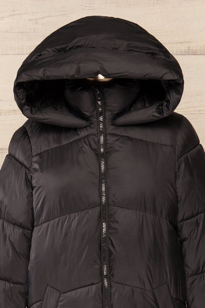 Brisson Black Hooded Puffer Coat w/ Front Pockets | La petite garçonne frotn close up hood