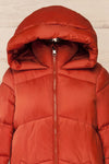 Brisson Rust Hooded Puffer Coat w/ Pockets | La petite garçonne front close up hood