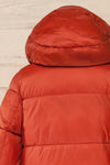 Brisson Rust Hooded Puffer Coat w/ Pockets | La petite garçonne back close up hood