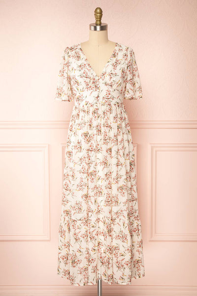 Britt Cream | Floral Midi Dress w/ Short Sleeves | Boutique 1861 front view