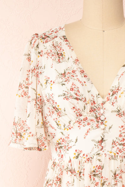 Britt Cream | Floral Midi Dress w/ Short Sleeves | Boutique 1861 front close-up