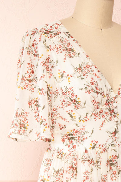 Britt Cream | Floral Midi Dress w/ Short Sleeves | Boutique 1861 side close-up