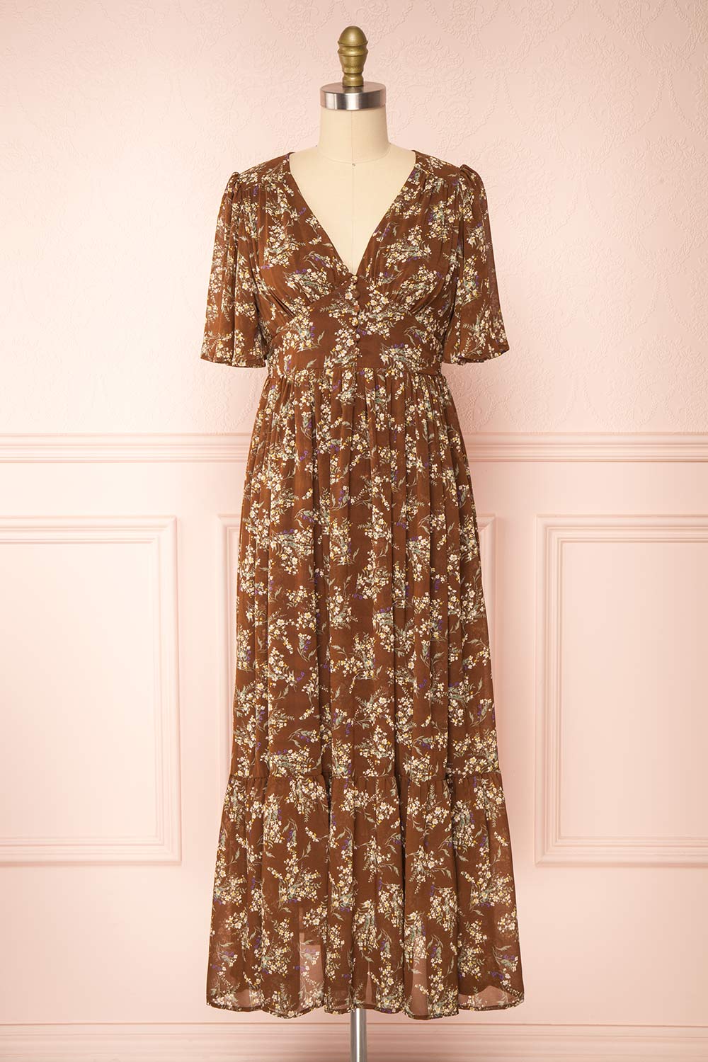 Britt Mocha | Floral Midi Dress w/ Short Sleeves | Boutique 1861 front view