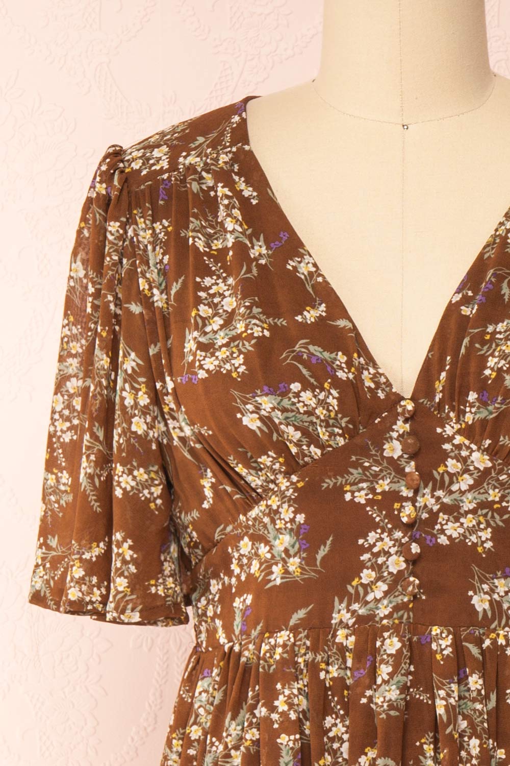 Britt Mocha | Floral Midi Dress w/ Short Sleeves | Boutique 1861 front close-up