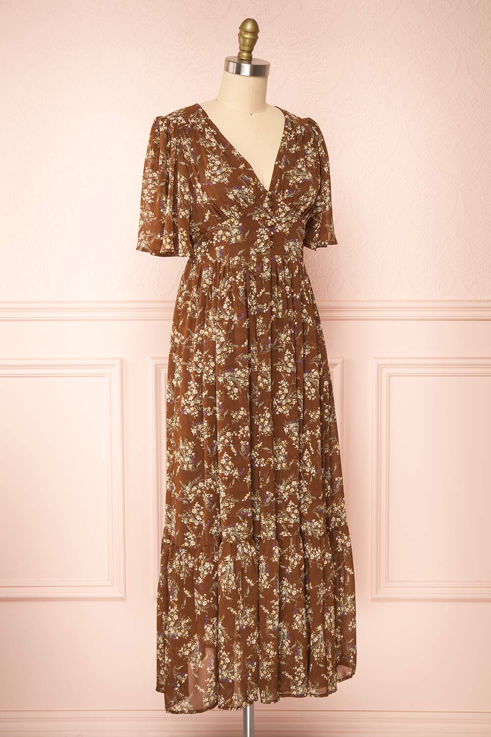Britt Mocha | Floral Midi Dress w/ Short Sleeves | Boutique 1861 side view