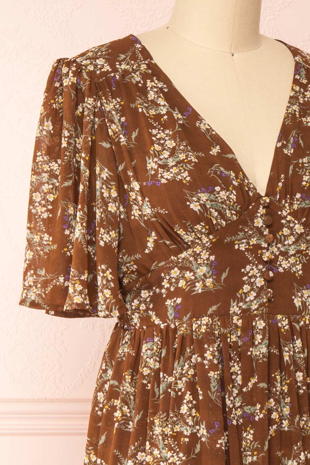 Britt Mocha | Floral Midi Dress w/ Short Sleeves | Boutique 1861 side close-up